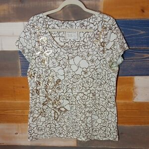 Coldwater Creek White And Gold Sequin Floral Top L